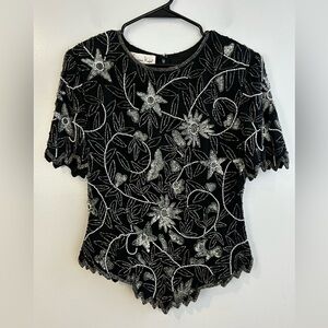 Vintage Laurence Kazar Black/Silver Floral Asymetrical Beaded Silk Blouse Medium